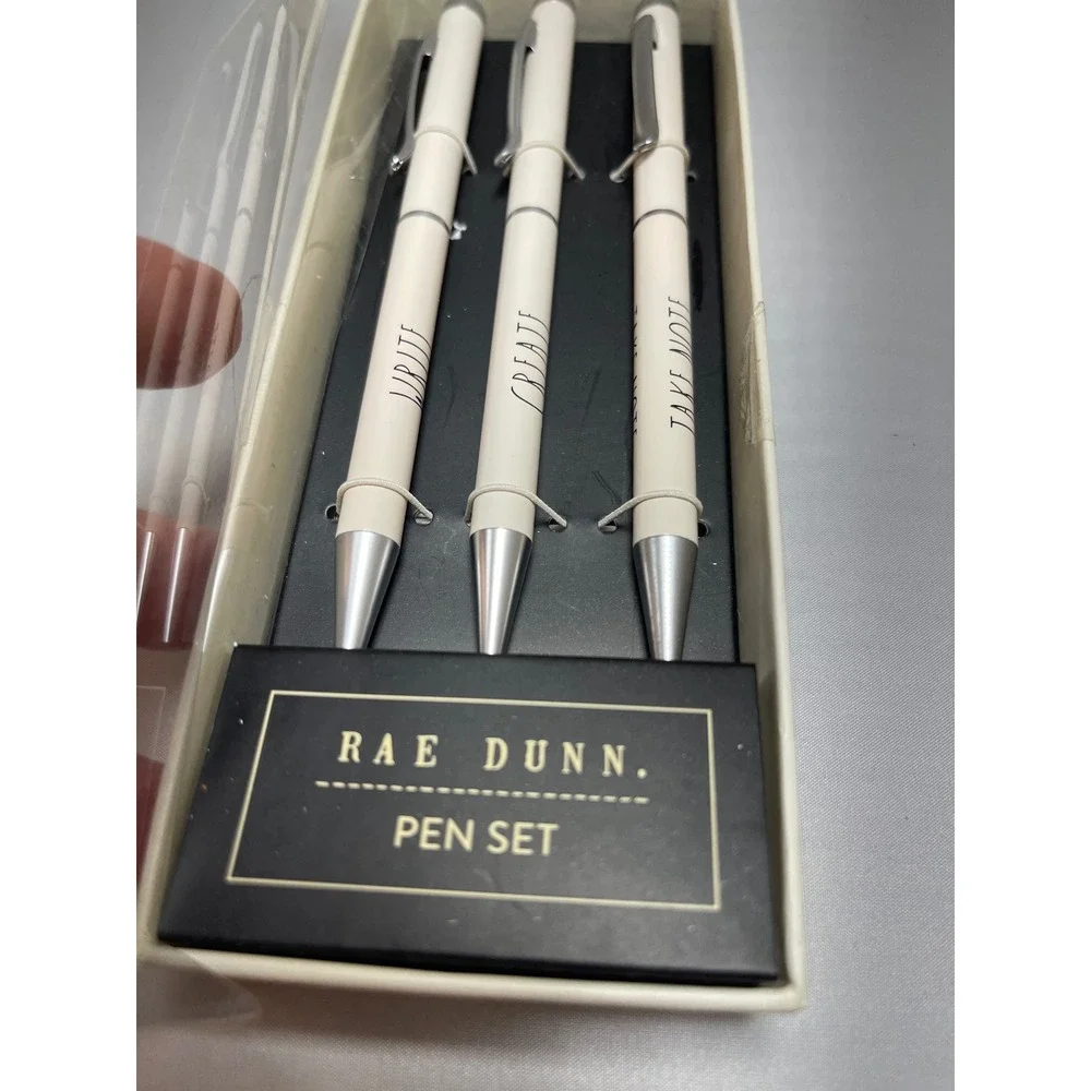 Rae Dunn Ballpoint Pen Set 3pk Cream Silver Metal Minimalist Office Gift New